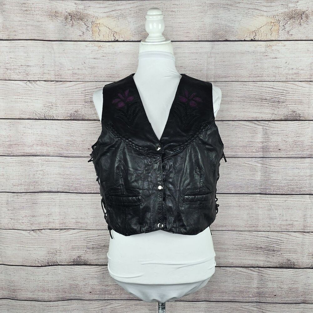 Vintage 80s Leather Floral Fringe Silver Bike Motorcycle Vest Etched Large